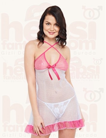 İntimo 2li Tül Beyaz-Pembe Gecelik