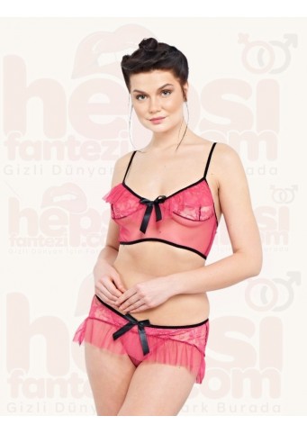 İntimo 2li Tül Gecelik Kırmızı-siyah