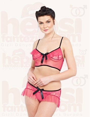 İntimo 2li Tül Gecelik Kırmızı-siyah